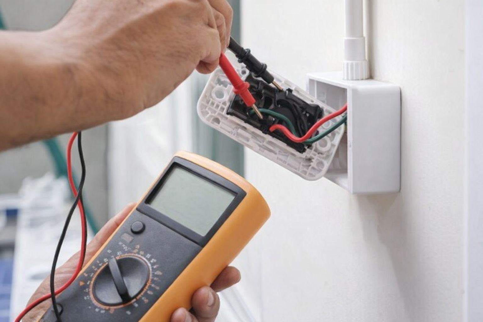 En elektriker mäter spänning i en kopplingsdosa med en multimeter.